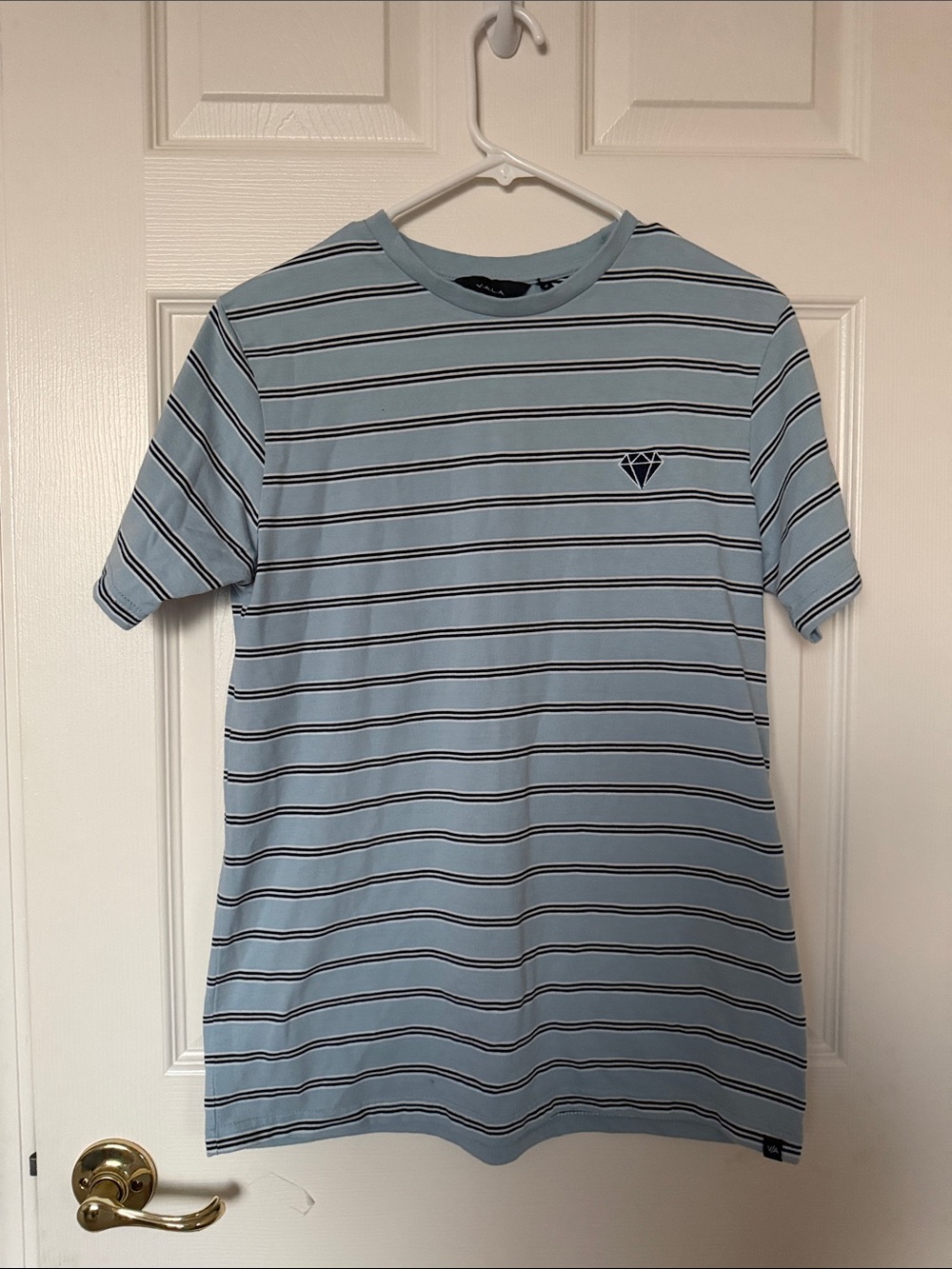 Men Striped Sky Blue Short-Sleeve Crew Tee with Chest Logo